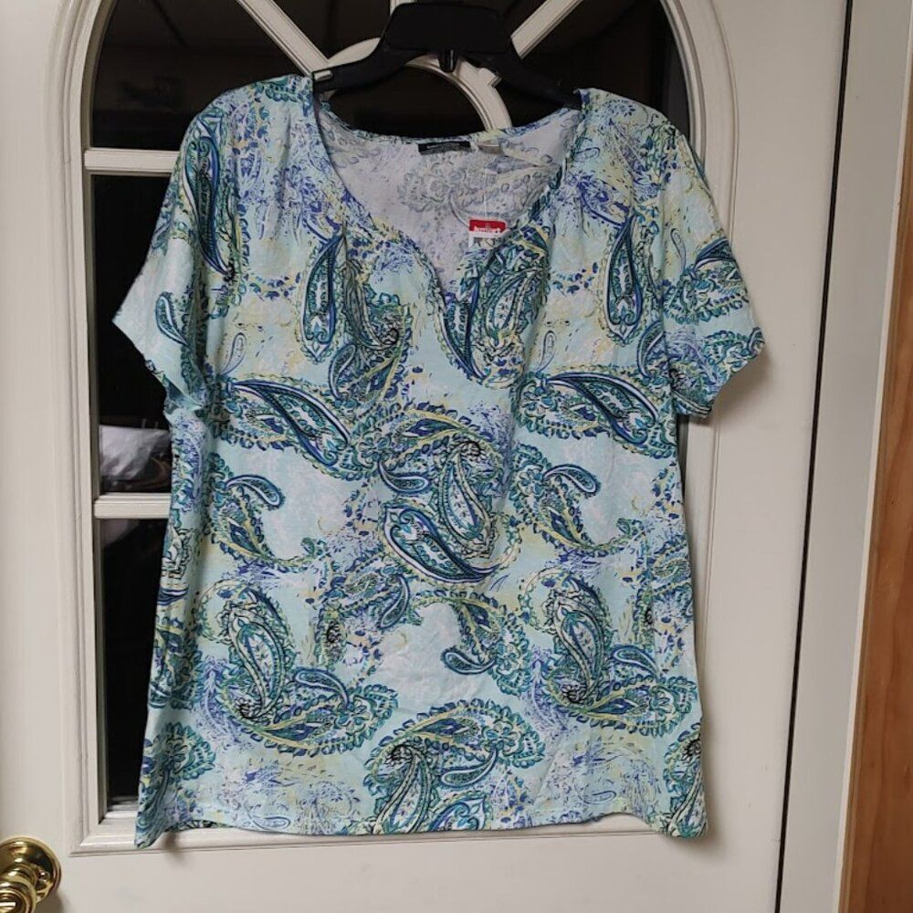 New Basic Editions Blue Designed Ruched Neck Short Sleeve Top Size Women's XL